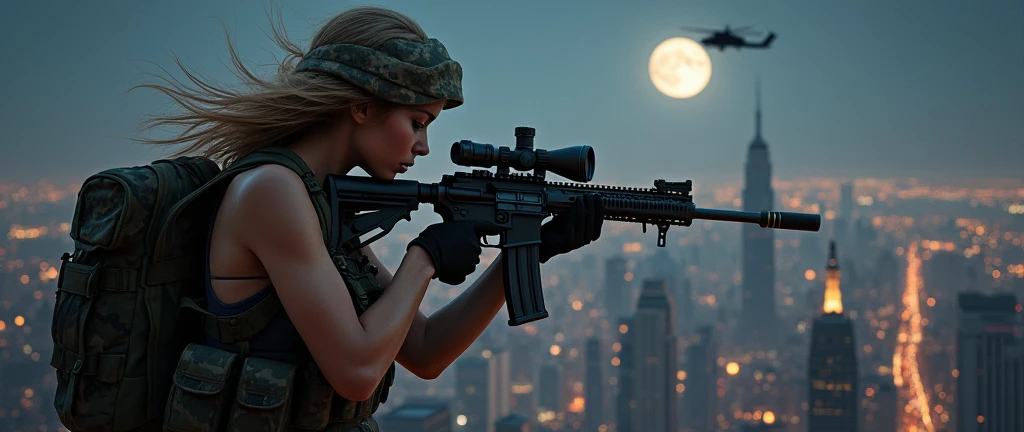 Realistic、Photorealistic、Realistic skin texture、high resolution、High definition、Beautiful arabian girl、The upper body is wearing a camouflage bra top.、Manhattan night view、Very beautiful 1 female soldier、Carrying a military backpack、Wearing a bulletproof vest、Aiming an automatic rifle、Holding a realistic sniper rifle、Blond medium-long hair fluttering in the wind、Young face、A military helicopter flies in the sky、The background is a skyscraper district、Smoky battlefield、The background is the night sky、A huge full moon in the center of the sky、The person is a full-body angle、Watching the audience
