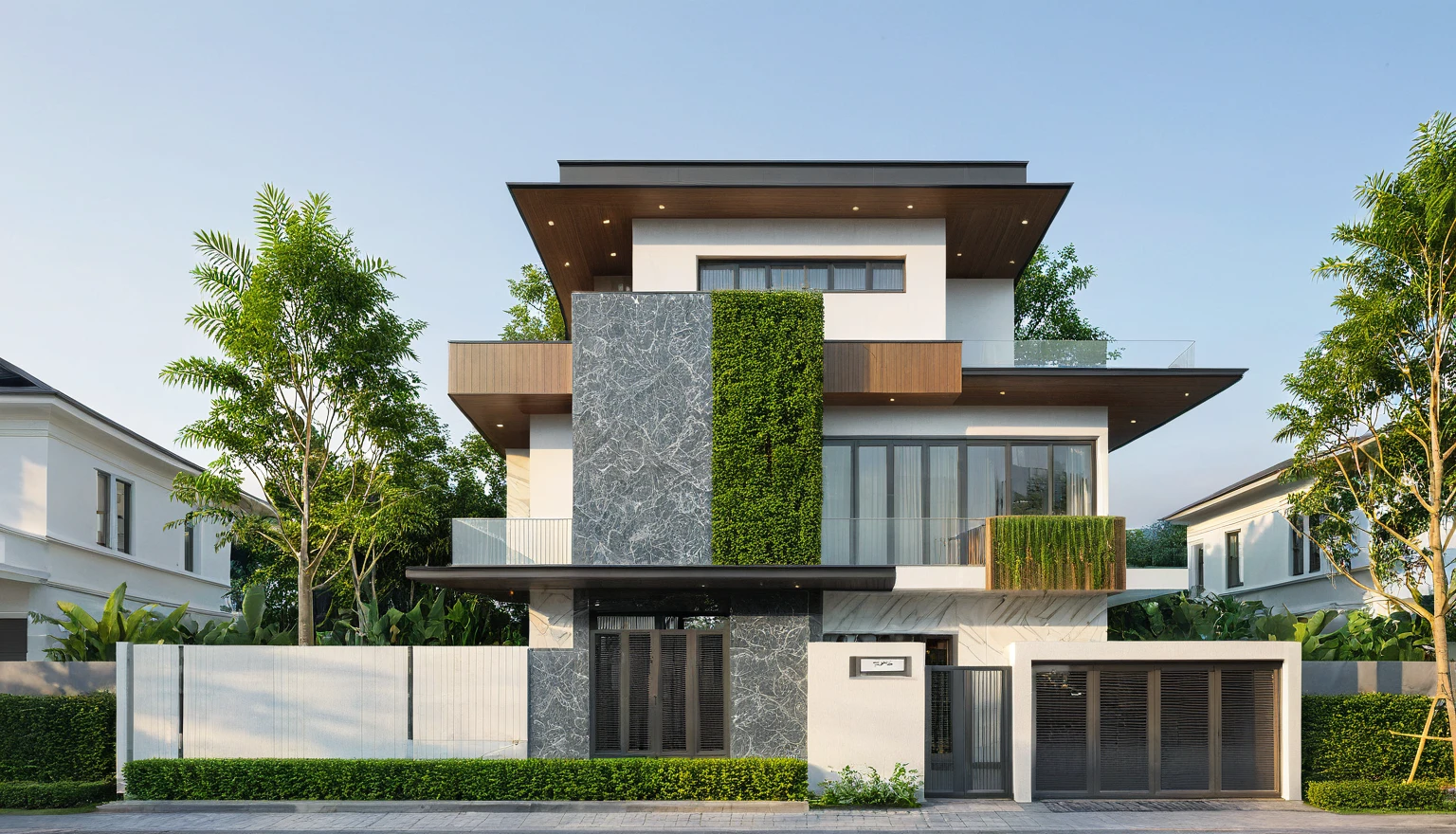 photo of A two-story modern house, (daylight), tropical tree, green shrub and plants, vivid color, streetcapes, minimalist design, brigth grey tone, (large glass door:1.2), warm interior lighting, modern material, best quality, ultra realistic, masterpiece, 
