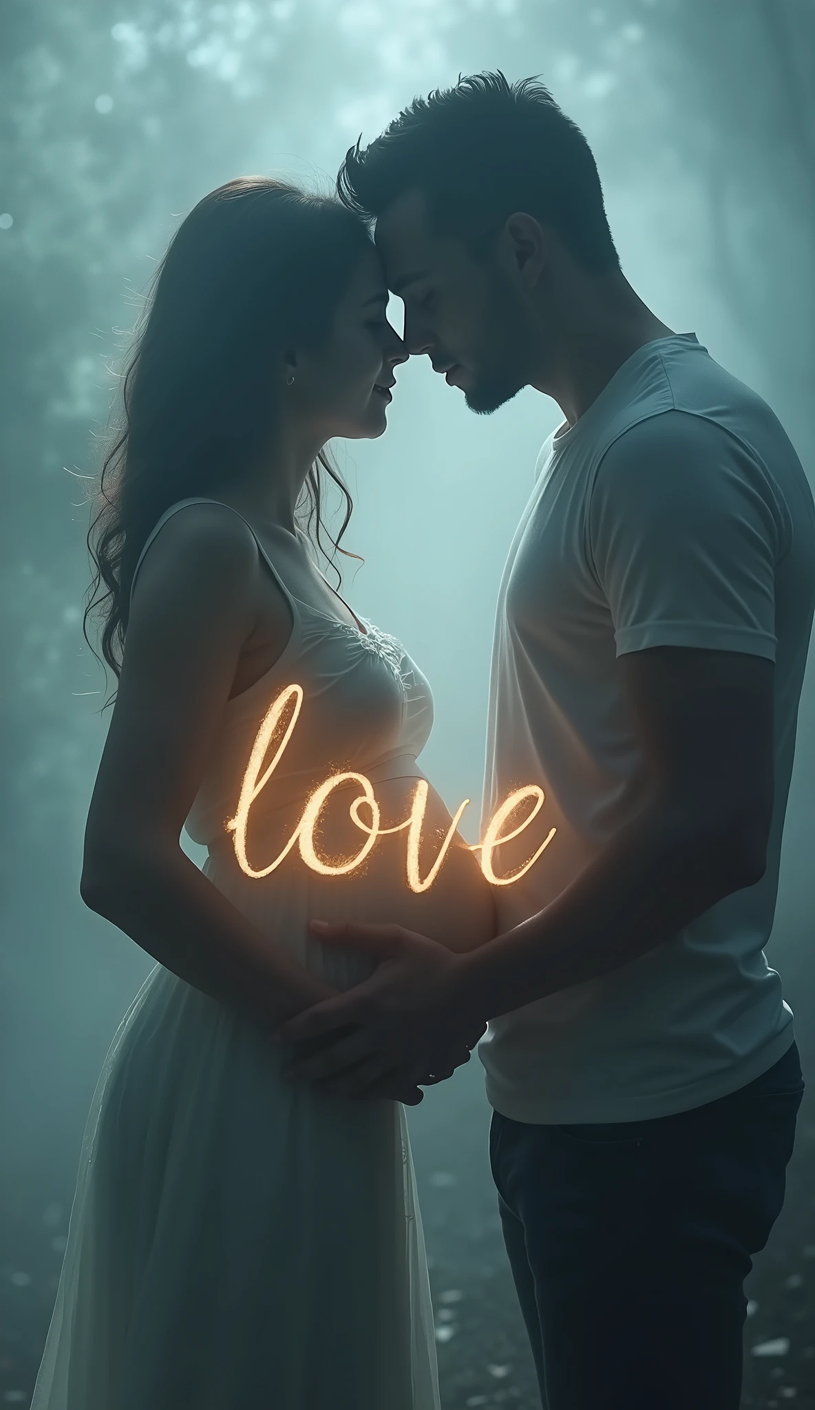 Un papà bacia amorevolmente il pancione della futura mamma. [(Suspended in the air between scene and the viewer, a translucent, almost ghostly black message reads exactly: "LOVE". The text appears as if it's floating, blurred at the edges, with the letters formed from a faint mist or white smoke that lingers in the space. The smoky words are readable, though not overly bright, hovering just in front of his gaze, creating a surreal yet powerful effect. Text exactly says: "LOVE". They seem to be written in chalk. The text says: "LOVE". semi-transparent text that reads 'LOVE' in a dramatic, bold font. The text almost acts as a title, floating in the air, partially obscuring the scene but enhancing the overall tension and urgency of the moment)]