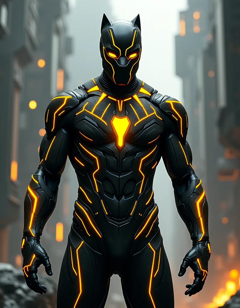 Black panther superhero wearing a iron man futuristic yello devil Armor suit