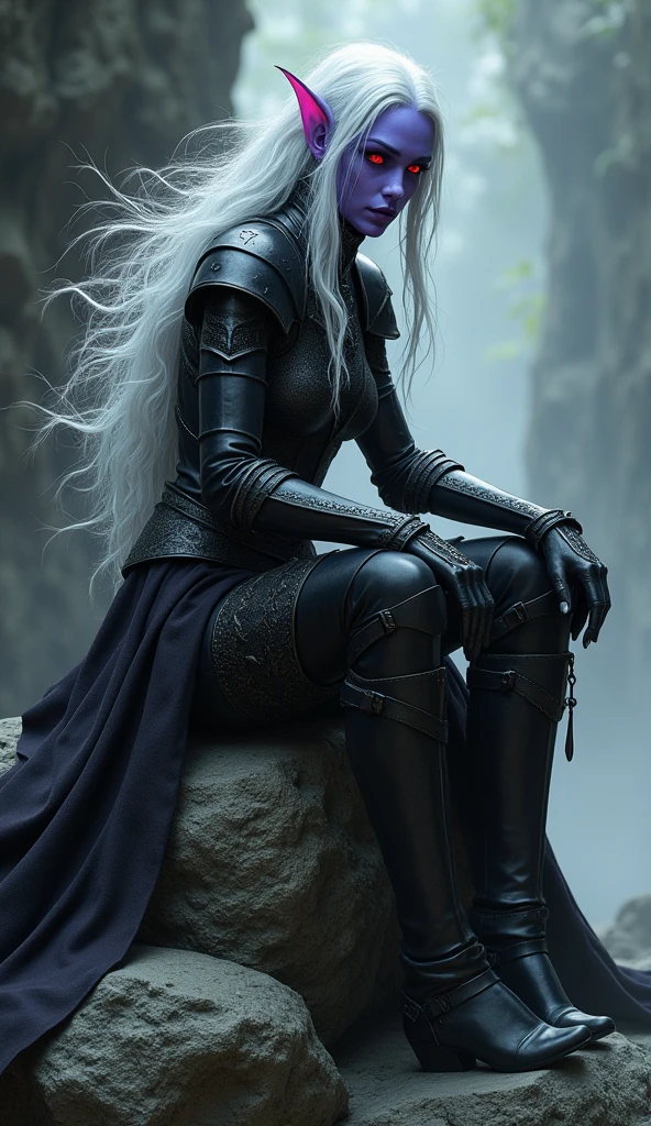 Drow female from baldur's gate, best quality, ultra-detailed CG unity 8k wallpaper,       sitting on a boulder, high resolution, dynamic pose, beautiful face, (dark platemail armor, red eyes), depth of field, dark setting), (high fantasy) (white Hair, long flowing hair), light violet skin