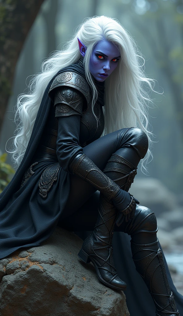 Drow female from baldur's gate, best quality, ultra-detailed CG unity 8k wallpaper, sitting on a boulder, high resolution, dynamic pose, beautiful face, (dark platemail armor, red eyes), depth of field, dark setting), (high fantasy) (white Hair, long flowing hair), light violet skin