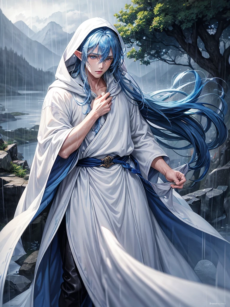 1 male, adult male, elf, blue hair, long hair, blue eyes, white clothes, long white cloak, plump lips, straight nose, cloudy sky, rain, wet hair, wet clothes, detailed background, deep blue lake