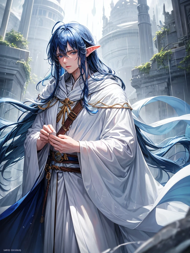 1 male, adult male, elf, blue hair, long hair, blue eyes, white clothes, long white cloak, plump lips, straight nose, cloudy sky, rain, wet hair, wet clothes, detailed background, deep blue lake