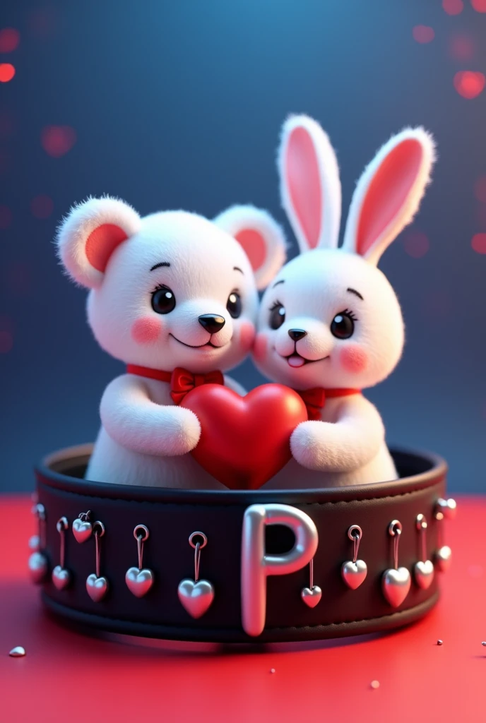A 3D render of a white teddy bear and a white bunny rabbit wearing a red bow holding a red heart, sitting inside a black collar with a silver "P" and silver hearts hanging from it. The collar is on a red surface with blue and red lighting.  The image is in the style of a cute cartoon.