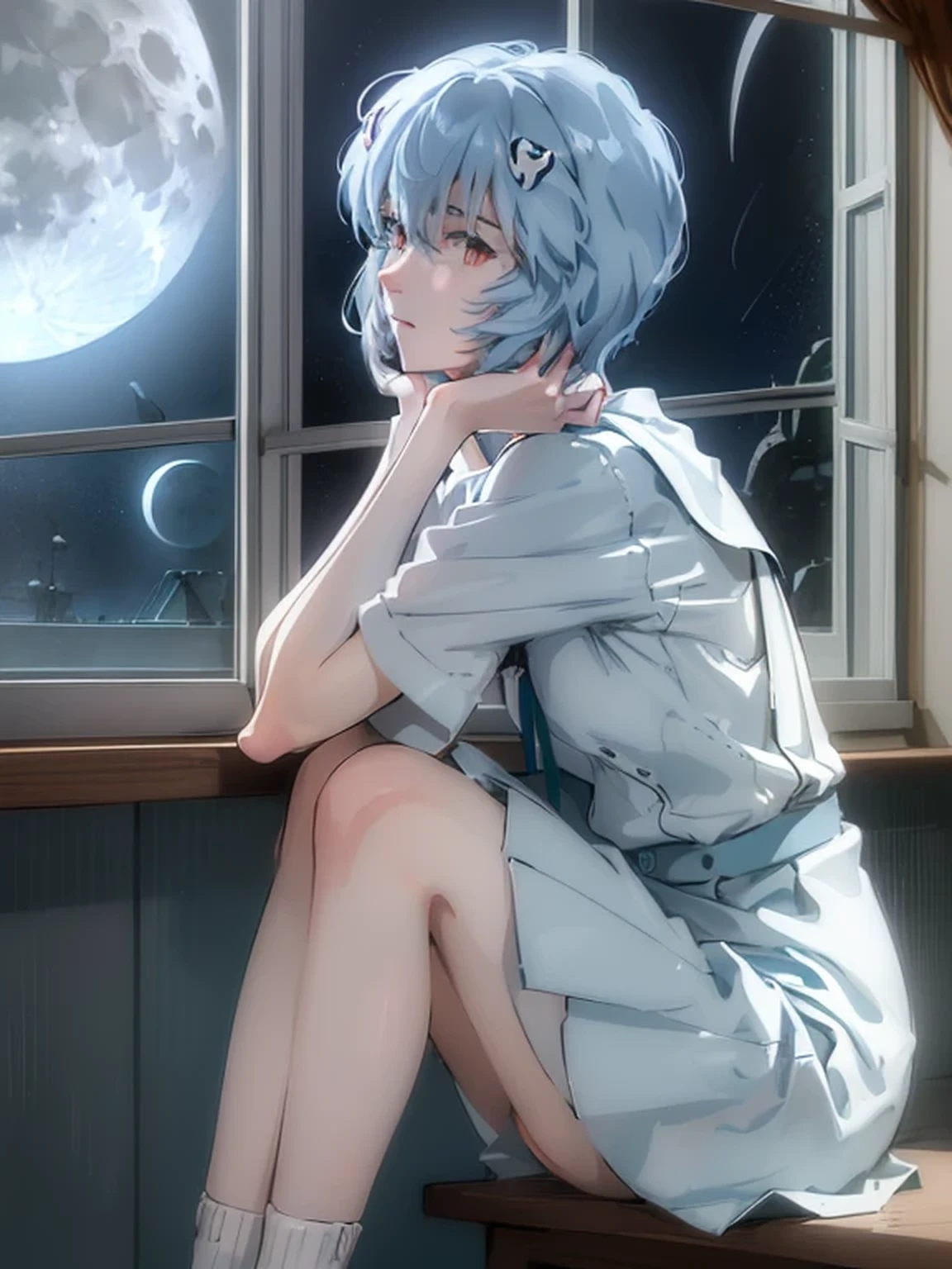 ultra-detailed, illustration, Beautiful Face, Beautiful body, (Rei Ayanami), Bluish silver hair, Silky short hair, (((Hold your knees, Large windows, Open window, Leaning on the window frame, One foot on the window sill))), (Leaning forward), Tokyo-3 middle school uniform, black socks, ((Moon Background, The moon looks big:1.3, Gazing at the Moon:1.3)), ((Night:1.3)), View from inside the Hospital room, The lace curtains are swaying in the wind, Slightly slim body, face in profile, ephemeral Expression, extremely detailed eyes and face, photo with an 85mm camera, Natural moonlight, ((masterpiece, best quality, high resolution))