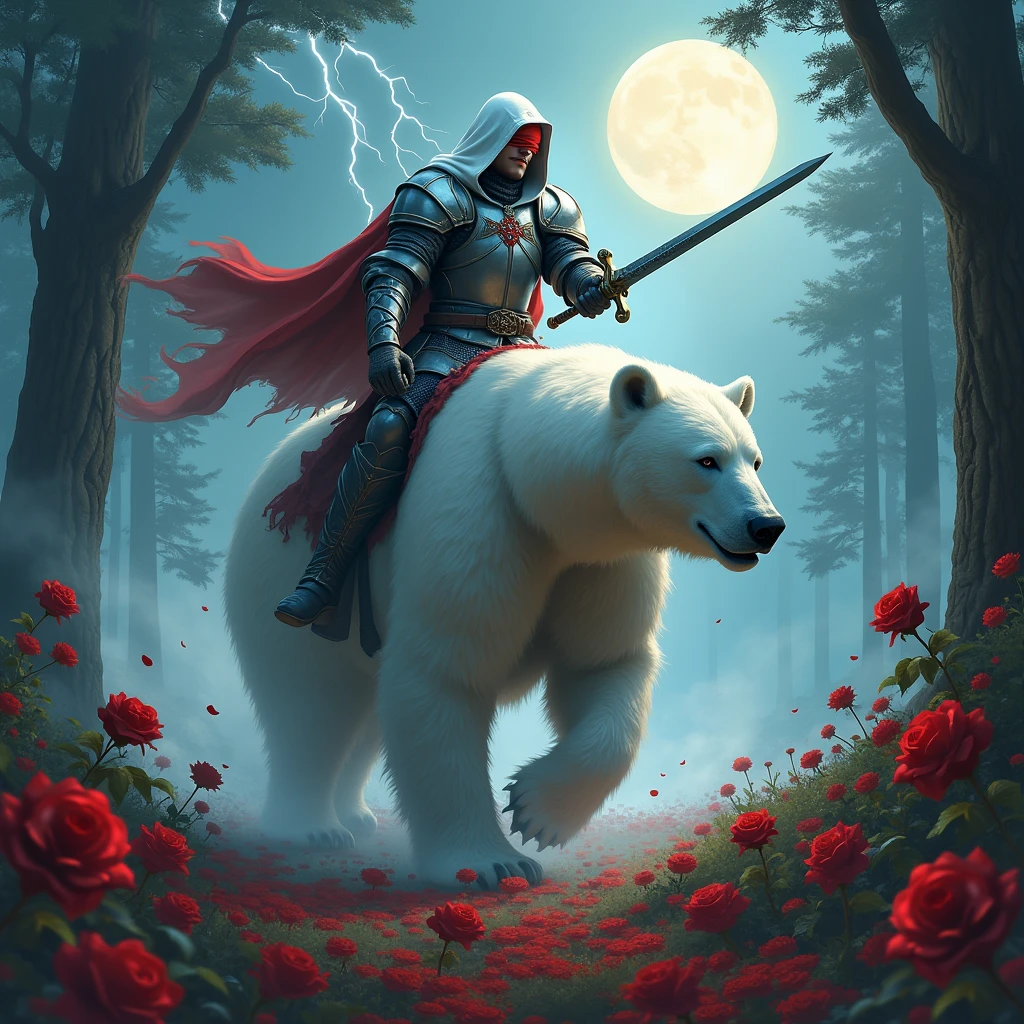 Male knight with a white hood with bear ears wielding a double edge sword is riding a polar bear in a forest while the moon shines, many Roses cover the ground and lightning falls from the sky. The polar bear has black eyes and an aggressive appearance. Only the man wears a red blindfold. In the background of the picture is the blood moon. The forest is full of trees with leaves.