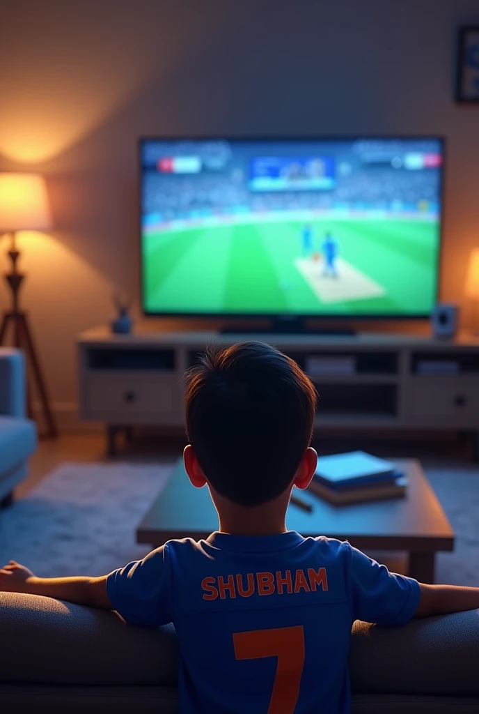 A boy sitting in front of tv wathching chennai super kings
cricket match
With india 7 jersey number and shubham name on his jersey