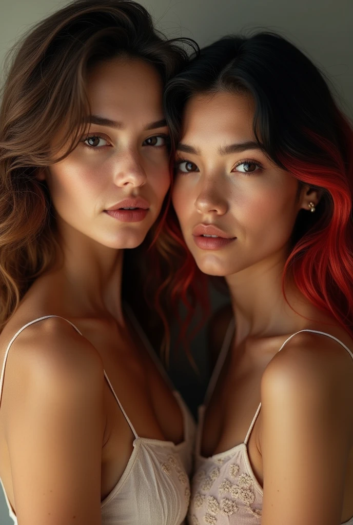 Portrait of two women 2, one brunette, the other black hair with red highlights, tan