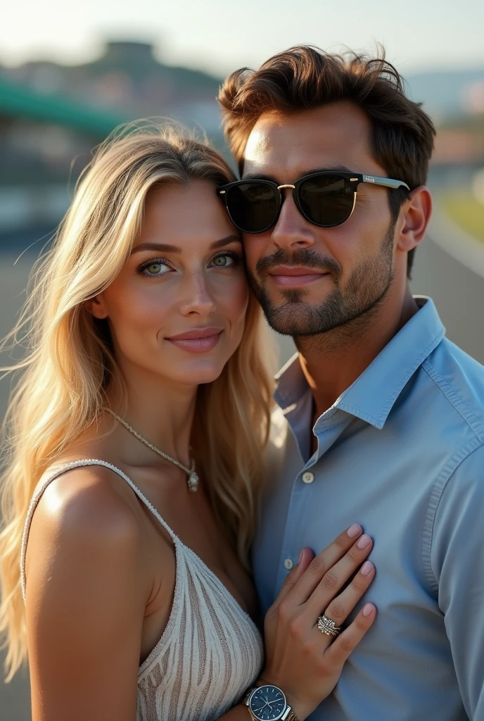 (Photorealism:1.1) a couple man dark brown hair and brown eyes together with a woman blonde green eyes long hair  no pitlane da formula 1 em Monza óculos Rayban e um IWC portuguese e usando aliança de casamento 8k ultra realistic super detailed