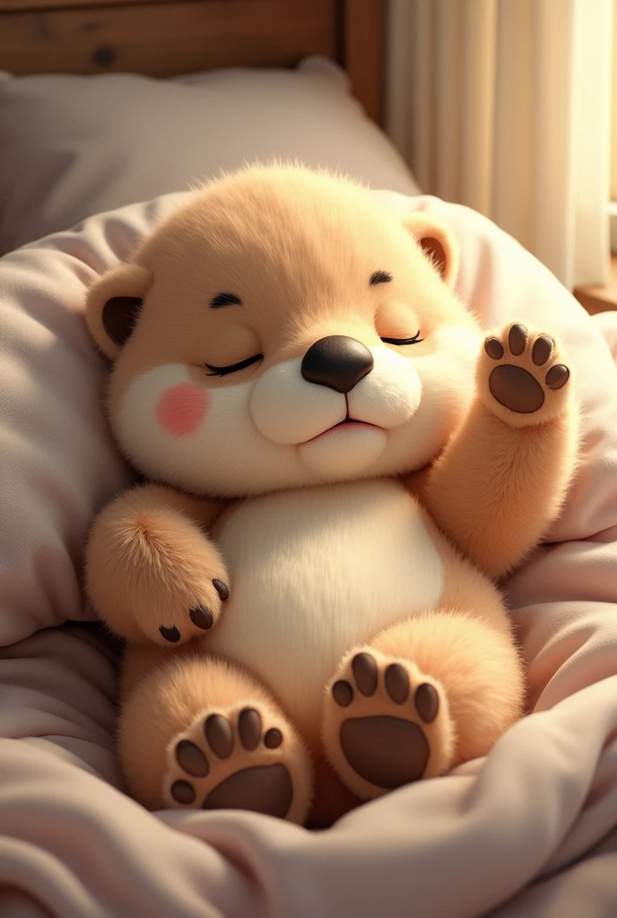 Masterpiece、Otter、Fluffy like a stuffed animal、One hand raised、Looking sleepy、Sleeping in bed