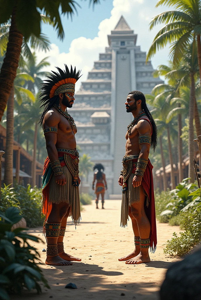 Aztec man talking to another Aztec person in training area while there is a hidden person listening to the conversation