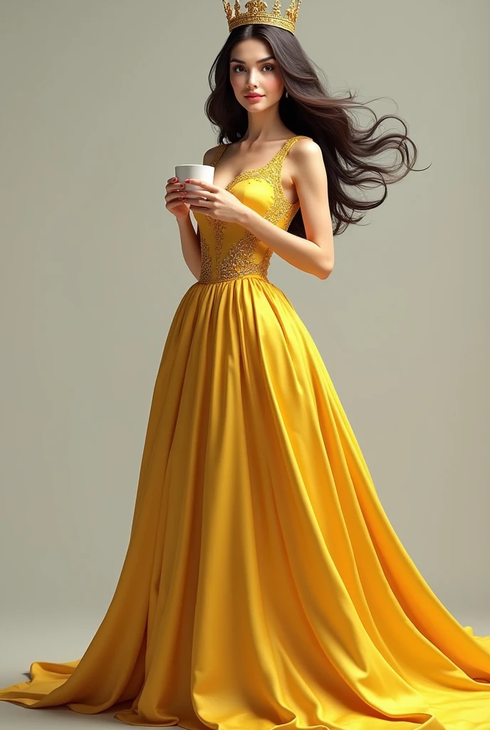 woman in yellow gown and a crown holding a cup of coffee facing the camera