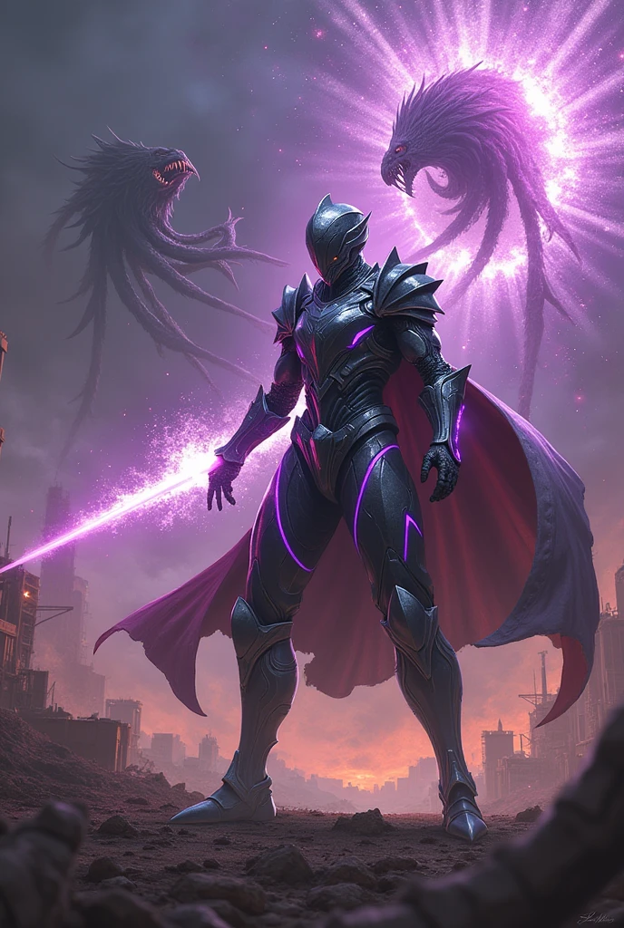 Create a dynamic, detailed image featuring a central figure who is a futuristic knight in gleaming, ornate armor with sharp angles and bright purple accents. The knight is engaged in a battle against monstrous creatures with scales and ferocious jaws, that are emerging from a dark energy vortex. The background is a devastated battlefield, with evidence of destroyed technology and structures, suggesting an apocalyptic scenario. The atmosphere is charged with intensity, with sparks of light and energy crackling through the air, highlighting the movement and impact of the fighters. The color palette should be rich in contrasts, emphasizing dark shadows against bright energy sources to enhance the dramatic effect.