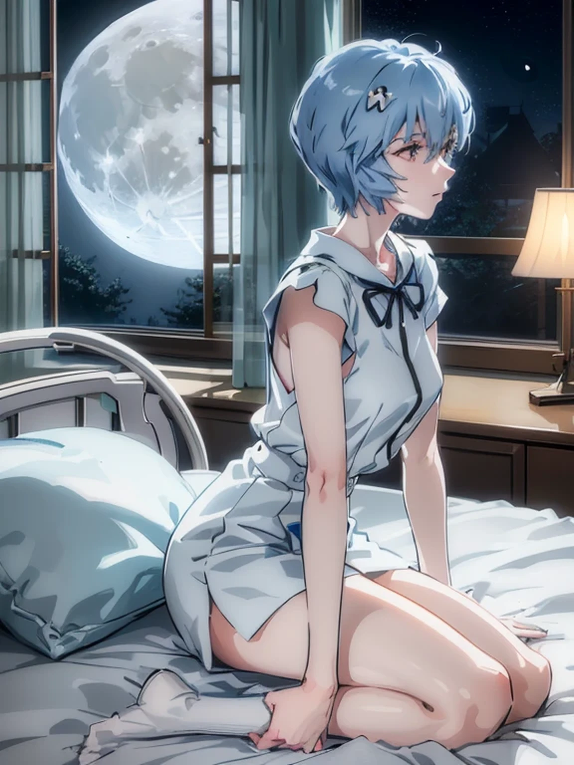 ultra-detailed, illustration, Beautiful Face, Beautiful body, (Rei Ayanami), Bluish silver hair, Silky short hair, (((Hold your knees, On the bed, Large windows, Open window, From a hospital bed))), (Leaning forward), Tokyo-3 middle school uniform, black socks, ((Moon Background, The moon looks big:1.3, Gazing at the Moon:1.3)), ((Night:1.3)), View from inside the Hospital room, The lace curtains are swaying in the wind, Slightly slim body, face in profile, ephemeral Expression, extremely detailed eyes and face, photo with an 85mm camera, Natural moonlight, ((masterpiece, best quality, high resolution))