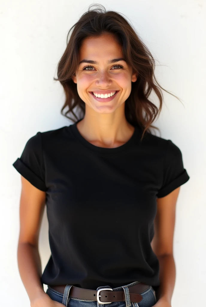 smiling young brazilian woman on sunny summer day wearing a slightly tight round neck cotton t-shirt in black color with belt on a white background