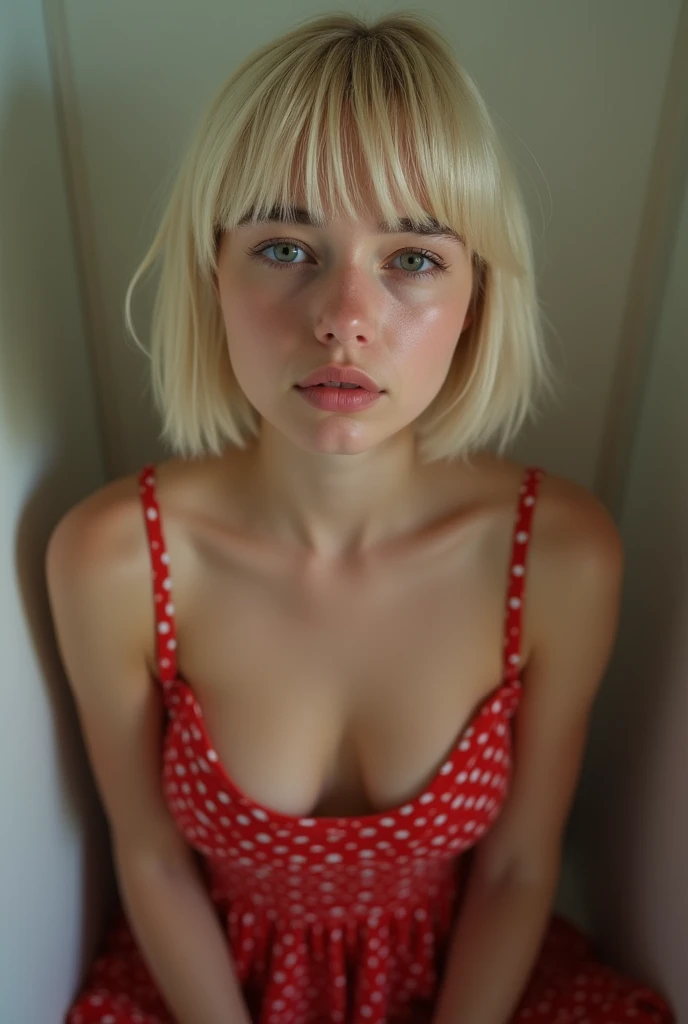 perfect face, rating_questionable, rating_explicit, BREAK, RAW, 85mm, f/1.2, (highest quality), ((photorealistic:1.2)), ((realistic skin texture:1.5)), realistic, 2 girl, body, direct gaze, European woman, ((solo)), seductive, young face, short hairstyle with bangs, blonde, young body, huge saggy breasts, thin waist, wide hips:1.4, breasts out, very pale skin, (((red polka dot summer dress))), kneeling in a bathroom stall, hips, different face:1.3, perfect shadows, (((different poses))), from an above perspective, Birds Eye angle, photo, 8k uhd, HDR, dslr, Fujifilm XT3, (masterpiece:1.4) photograph, film, epic, gorgeous, film grain, bokeh,