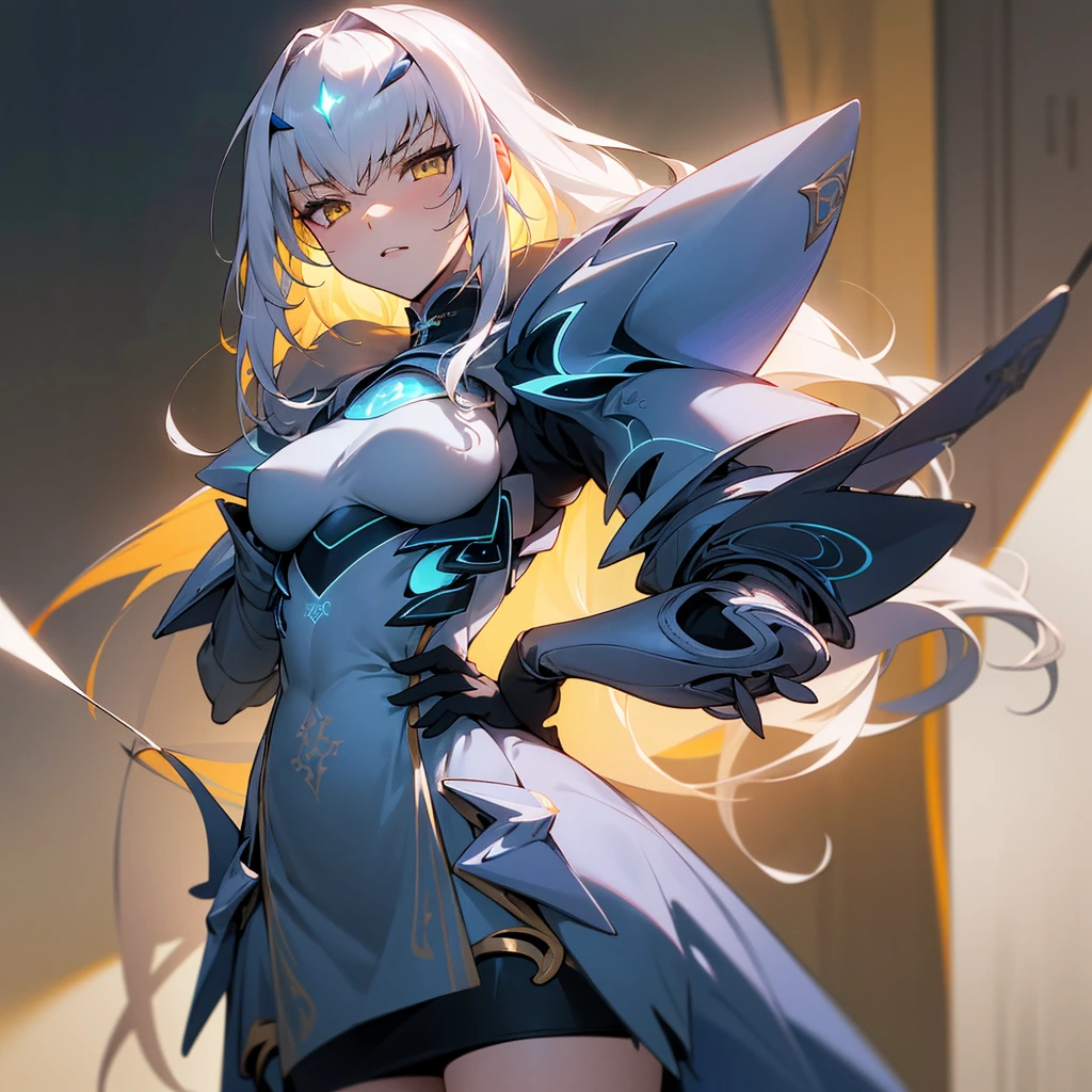 masterpiece, best quality, (extremely detailed CG unity 8k wallpaper), (best quality), (best illustration), (best shadow), (serious), absurdres, realistic lighting, (club), 1girl, (Melusine), long_white_hair, small_breasts, yellow_eyes, 1stascend, blue_armor, chuckling, chinese_dress, ((sexy))