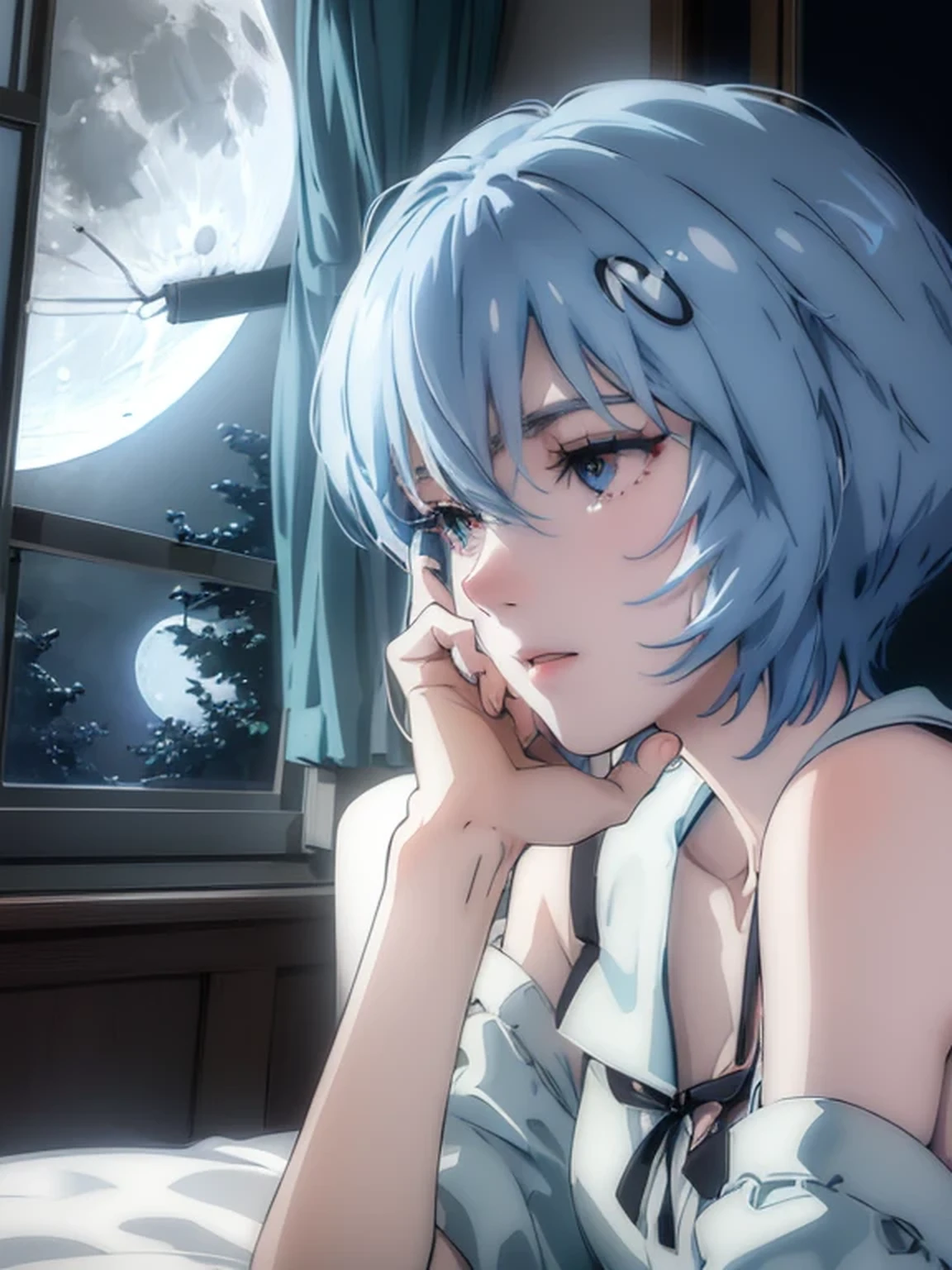 ultra-detailed, illustration, Beautiful Face, Beautiful body, (Rei Ayanami), Bluish silver hair, Silky short hair, (((Hold your knees, On the bed, Large windows, Open window, From a hospital bed))), (Leaning forward), Tokyo-3 middle school uniform, black socks, ((Moon Background, The moon looks big:1.3, Gazing at the Moon:1.3)), ((Night:1.3)), View from inside the Hospital room, The lace curtains are swaying in the wind, Slightly slim body, face in profile, ephemeral Expression, extremely detailed eyes and face, photo with an 85mm camera, Natural moonlight, ((masterpiece, best quality, high resolution))