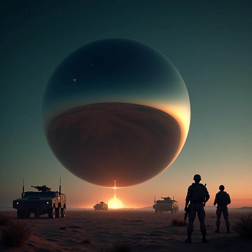 A massive smooth mirror-surfaced sphere hovers silently above the desert floor at night, military vehicles and soldiers face away from the viewer, photo realistic