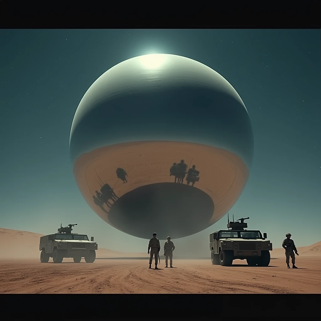 
A massive smooth mirror-surfaced sphere hovers silently above the desert floor at night, military vehicles and soldiers face away from the viewer, photo realistic