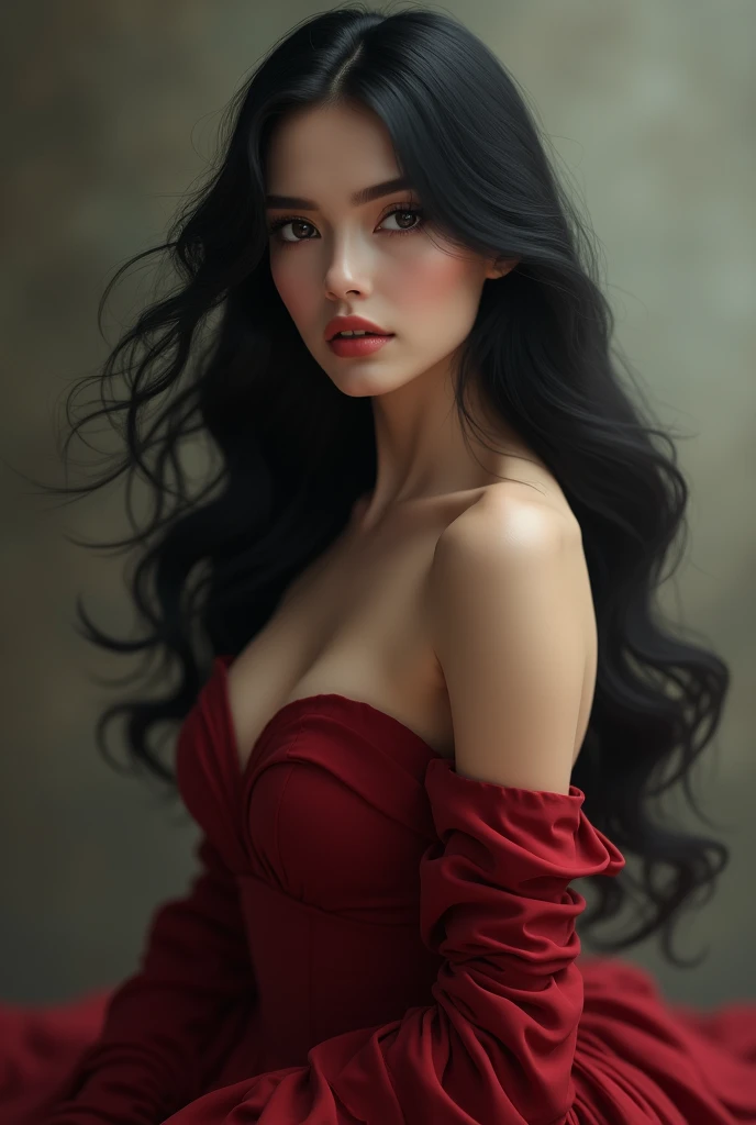 Very beautiful girl with long black hair in elegant red dress