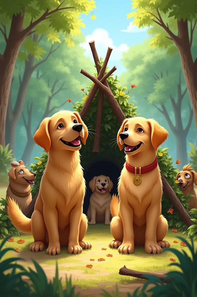 Lucas and Max the Golden Labrador make a fort out of branches with their friends