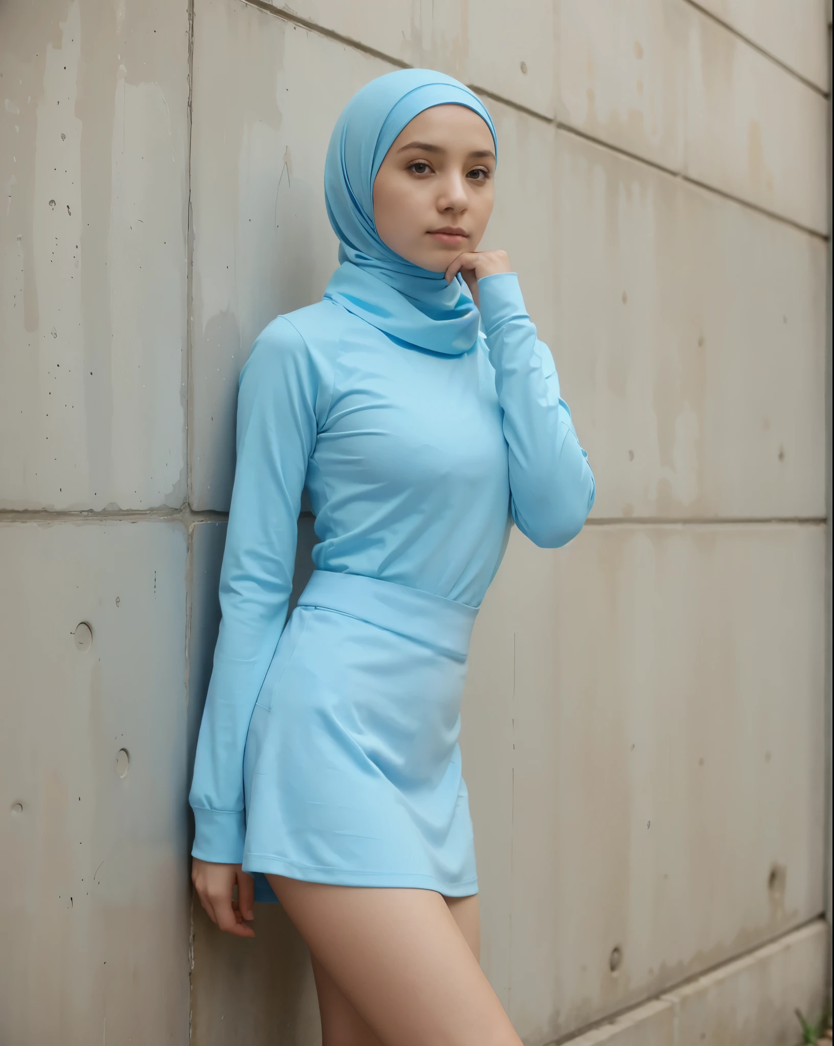 short skinny girl, light blue sport shirt, short skirt, long sleeves, hijab, leaning against the wall