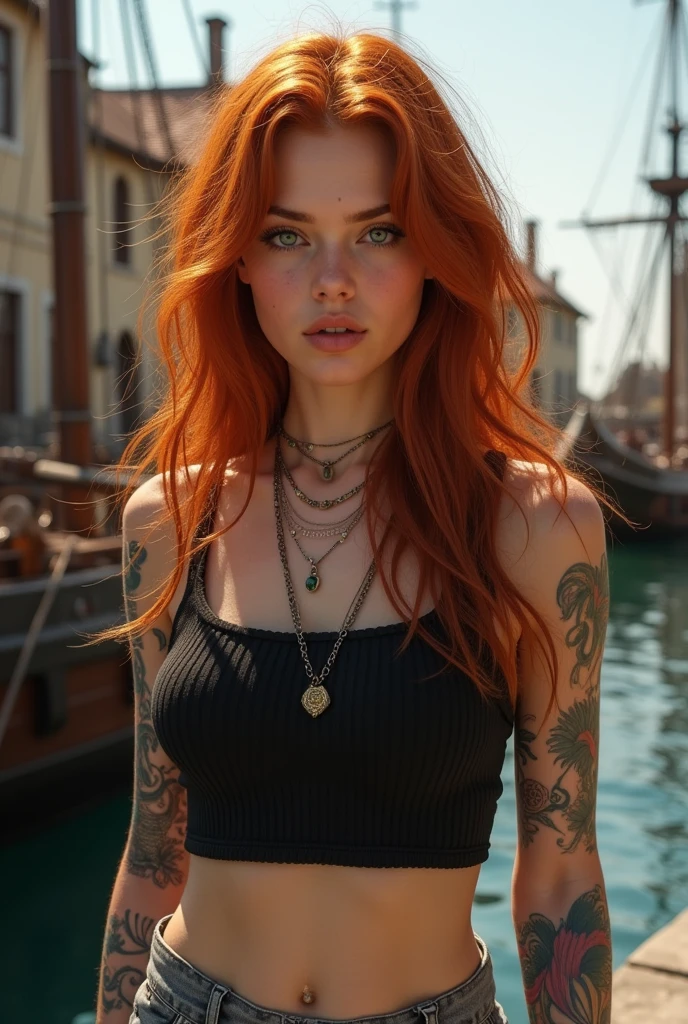 muito detalhado, 16K high resolution, incredibly detailed image, filmic, best quality, ​masterpiece, realisti, detailed face, detail-ful background, dramatic lighing, Girl, 25 years, alone, beautiful natural ginger red hair, Fell, straggly and messy wavy hair. Extremely detailed facial expressions with sharp and piercing green eyes. A delicate, slightly cheeky face, discreetly made up. She is tattooed and pierced. She has (Very small breasts) and a slim figure, in good shape. A figure-hugging outfit consisting of a black crop top and tight, gray jeans. in a small, medieval port city. Sailing ships in the background.
