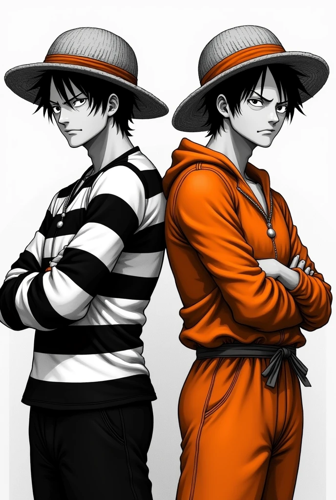 Monkey D. Luffy in a black and white striped long-sleeved prison uniform and Monkey D. .... Luffy in orange long-sleeved prison uniform