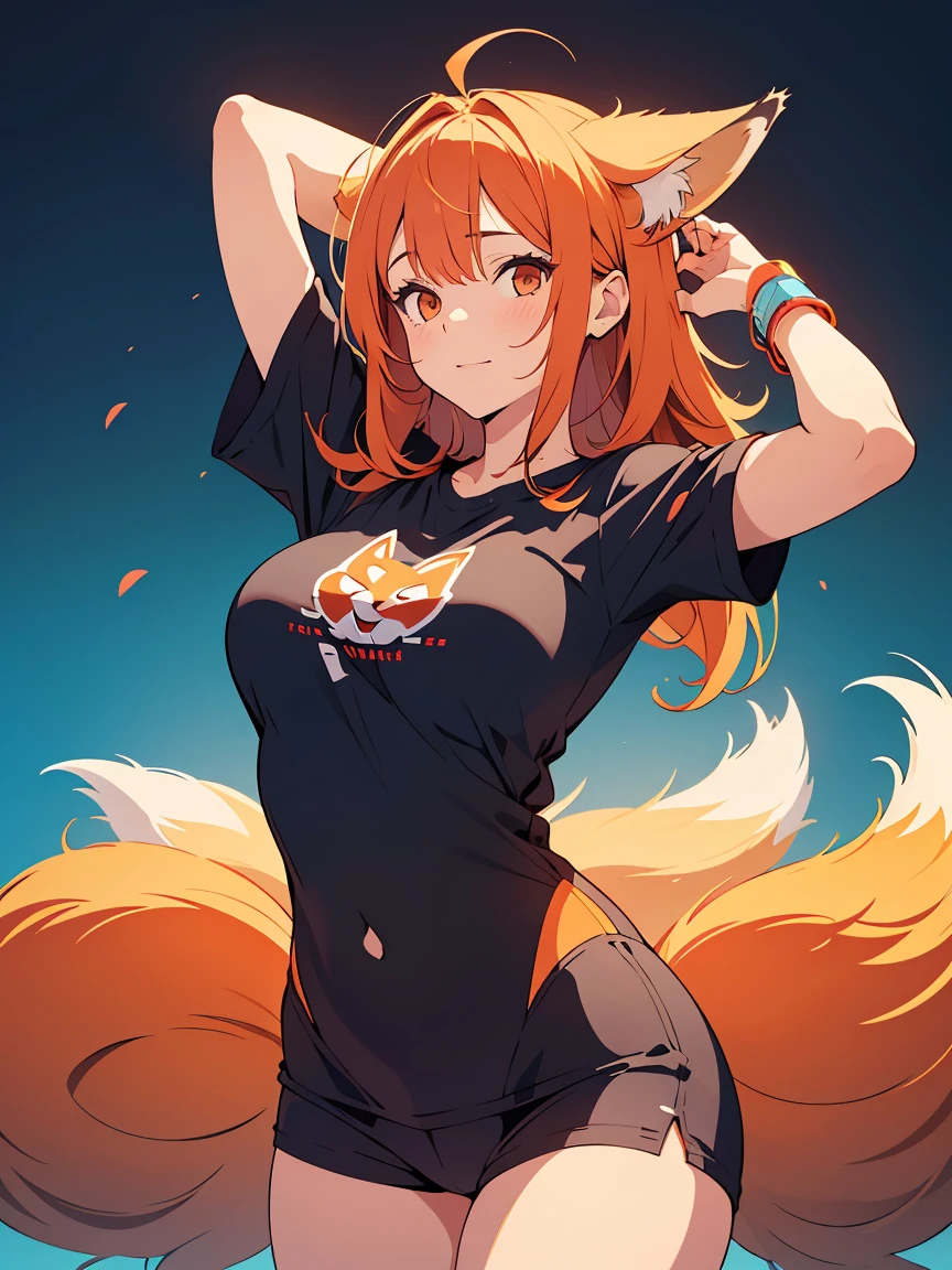 masterpiece, highres, detailed face, mature female, fox ears and (animal ear fluff), (dark skin:1.1), wolf tail, solo, orange hair, yellow eyes, eyelashes, thick eyebrows, thick eyelashes, (heart-shaped pupils:1.1), short hair, pleated skirt, sweater,  <lora:ffyy:0.9> ( ffyy:1.1)