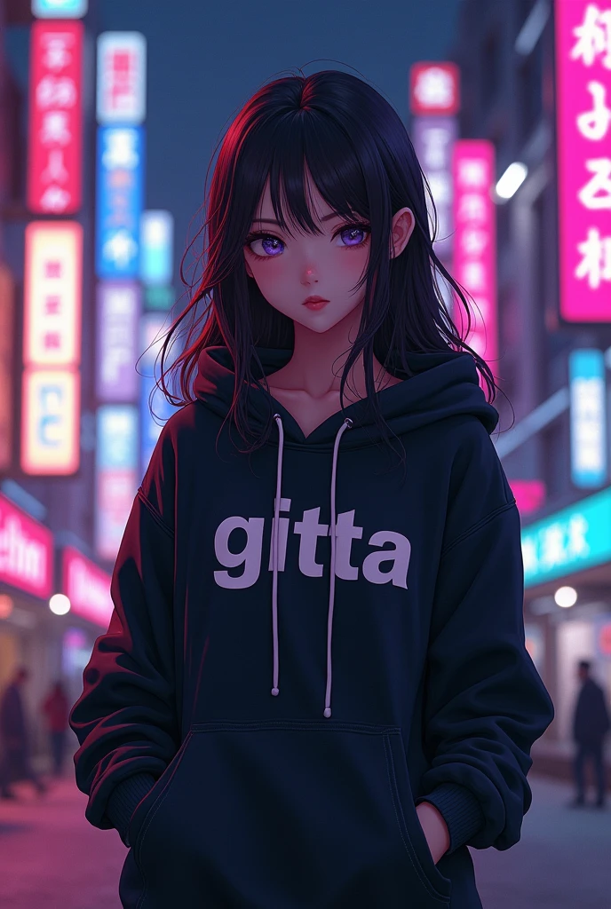 Create a character anime, {{background: capital text “GLBK”, night city}}, tanned skin,
realistic, HDR, handsome, japan style, full body, use tesseract, age 20, hoodie HD text: “GITTA”, female, long hair