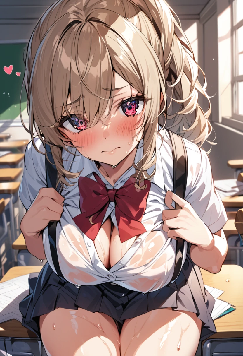 a pretty girl is getting closure in class room,tight and open chest japanese blouse school wear with suspenders skirt,bronde up ponytail,big breasts,wet and shiny skin,bad eyesight,gaze to me with fever eyes,needy face,emotional heart effects