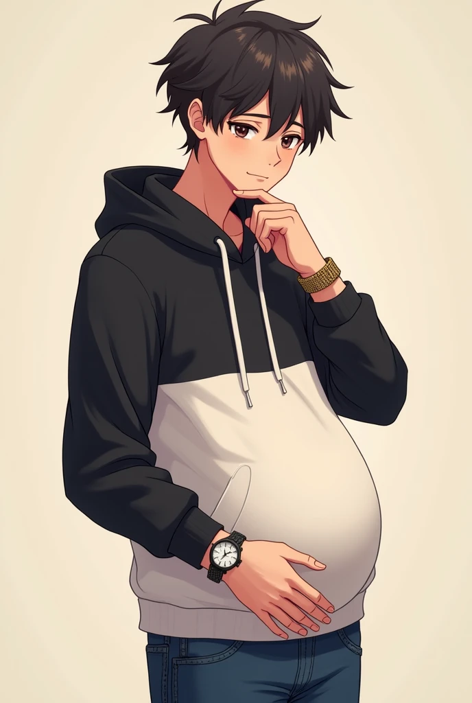 A Cute Handsome Boy 1 boy Wearing white and Black Hoodie and jeans and watch on hand and fluffy hair and baby bump In stomach and hand on stomach..Anime