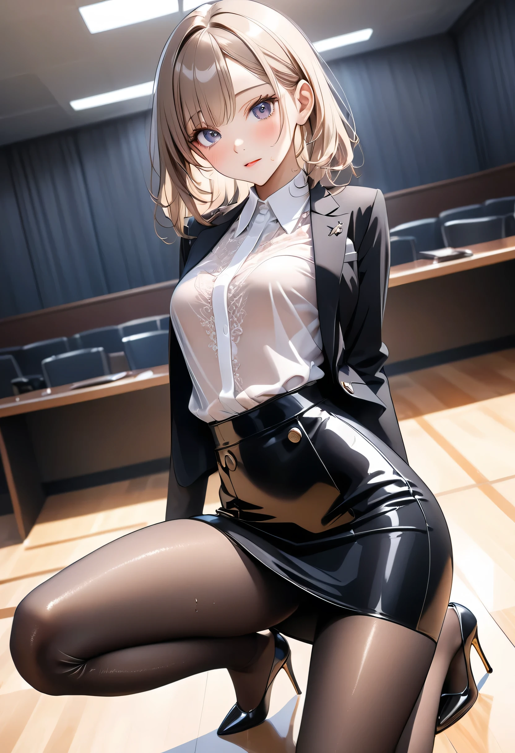 (((Female lawyer, Formal Suit Skirt, Black pencil skirt, pantyhose, White see-through blouse, Jacket, Stiletto heels, (Shiny costumes)))), skinny, alone, 1 female, masterpiece, Highest quality, Highest quality, 16K, Unbelievably absurd, Very detailed, 2.5D, AI-generated, delicate and dynamic, Very delicate look, Delicate eye depiction, erotic, only sexy woman, ((Cute and gentle face)), Healthy body shape, ((2. Women)), Height: 160cm, Medium firmness and swaying bust,, blush, Sweat,Embarrassing,sexy, ((Thin thighs)), (Erect nipples:1.0), Shiny, Facing directly at the viewer, (In the heat), ((Oily_skin)), ((Dutch Angle)), ((erotic pose)), Fashion model posing, Fashion Model Style, (close),in the court, Sitting at a desk, Get down on one knee, From below,