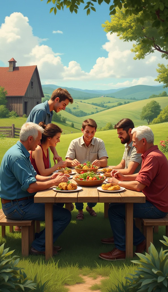 Group of people eating on the farm