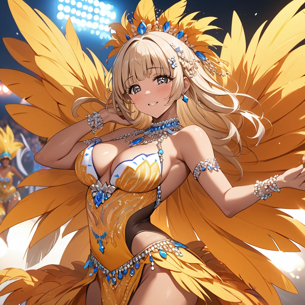 ((Highest quality)), ((masterpiece)), (detailed), （Perfect Face）、The woman is Reika Aoki, a Latin American with brown skin and medium-long blonde hair.、A woman is dancing samba passionately and attractively in a samba costume at the Rio Carnival