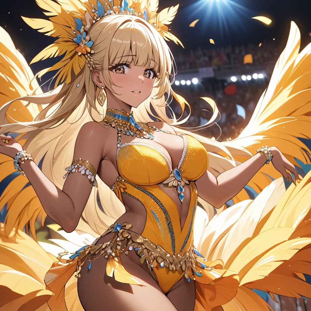 ((Highest quality)), ((masterpiece)), (detailed), （Perfect Face）、The woman is Reika Aoki, a Latin American with brown skin and medium-long blonde hair.、A woman is dancing samba passionately and attractively in a samba costume at the Rio Carnival