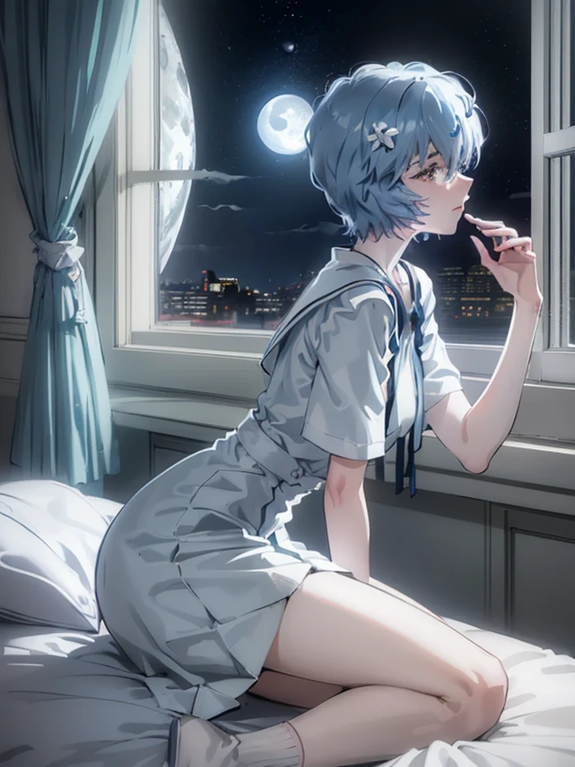 ultra-detailed, illustration, Beautiful Face, Beautiful body, (Rei Ayanami), Bluish silver hair, Silky short hair, (((Hold your knees, On the bed, Large windows, Open window, From a hospital bed))), (Leaning forward), Tokyo-3 middle school uniform, black socks, ((Moon Background, The moon looks big:1.3, Gazing at the Moon:1.3)), ((Night:1.3)), View from inside the Hospital room, The lace curtains are swaying in the wind, Slightly slim body, face in profile, ephemeral Expression, extremely detailed eyes and face, photo with an 85mm camera, Natural moonlight, ((masterpiece, best quality, high resolution))