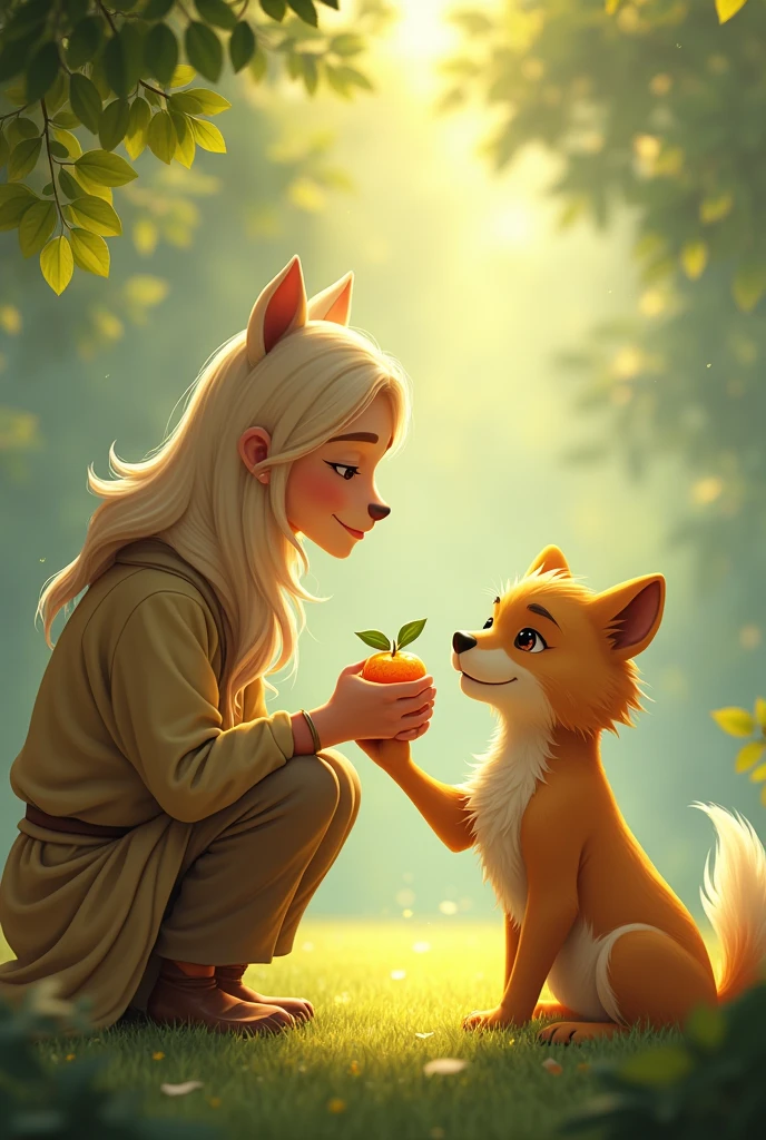 Image: Kibo offering a piece of fruit to Leo, who's gently accepting it.
- Keywords: kindness, sharing, connection.