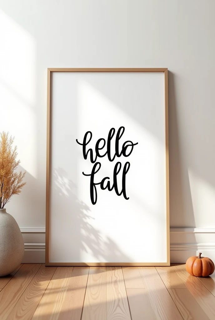 Create a minimalist fall-themed piece of art featuring a simple 420x594 mm wooden horizontal frame with a white background. Inside the frame, the words “hello FALL” are prominently displayed in a sleek, contrasting black font. The word “Hello” is written in a fluid, cursive style, while the word “FALL” is in a bold, uppercase serif font. The image exudes a clean, modern aesthetic, with the focus on the text, framed in a cozy, neutral-colored room with a wood floor that complements the frame. The overall feel should be warm, inviting, and perfect for welcoming the fall season.