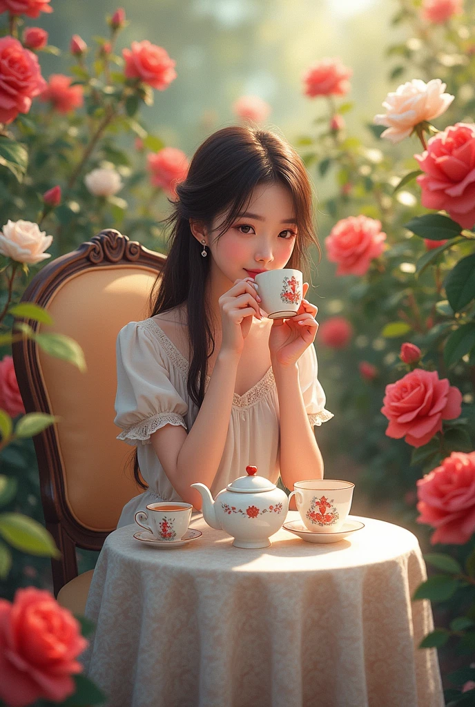 8x2 photo, Girl sitting on a chair drinking tea in the middle of a rose garden, There is a tea set on the table.