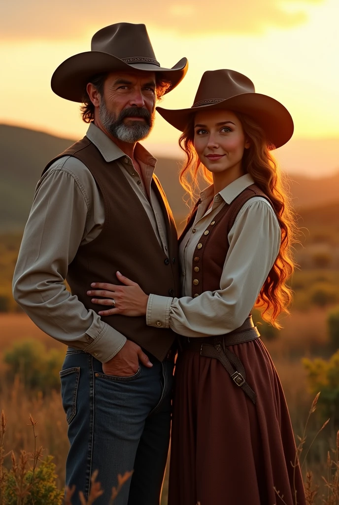 (man), (in an American hat), (in a country style), (next to him was a lady with a hat), (also with her country style), (both together under the sunset)