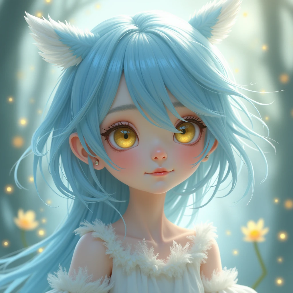 Light blue hair, yellow eyes, cute