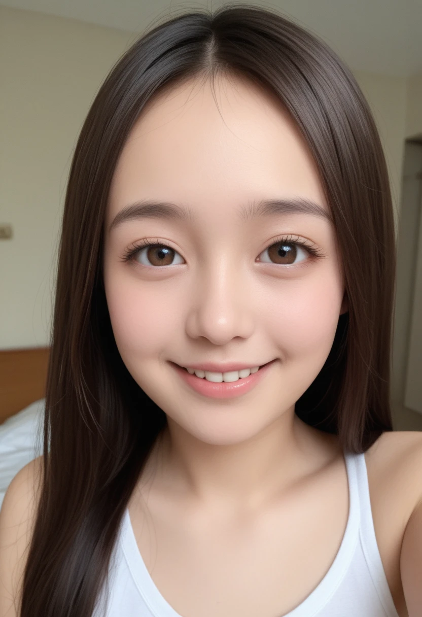 (Masterpiece, BestQuality:1.2), (hyperrealistic:1.1), (8k,Photorealistic), (superrealistic:1.4),-girl taking a selfie,japanese,teen,(naked and her nipples are visible),(she is holding a smartphone in one hand and taking a selfie), She is smiling brightly and posing happily,The background is the girl's room.BREAK (beautiful detailed teeth, eyes with large brown irises, blunt bangs,small mouth, fresh lips,nose blush),shiny skin,