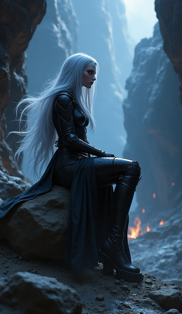 Drow female from baldur's gate, best quality, ultra-detailed CG unity 8k wallpaper,       sitting on a boulder, high resolution, dynamic pose, beautiful face, (dark platemail armor, red eyes), depth of field, dark setting, night, underground), (high fantasy) (white Hair, long flowing hair), light violet skin