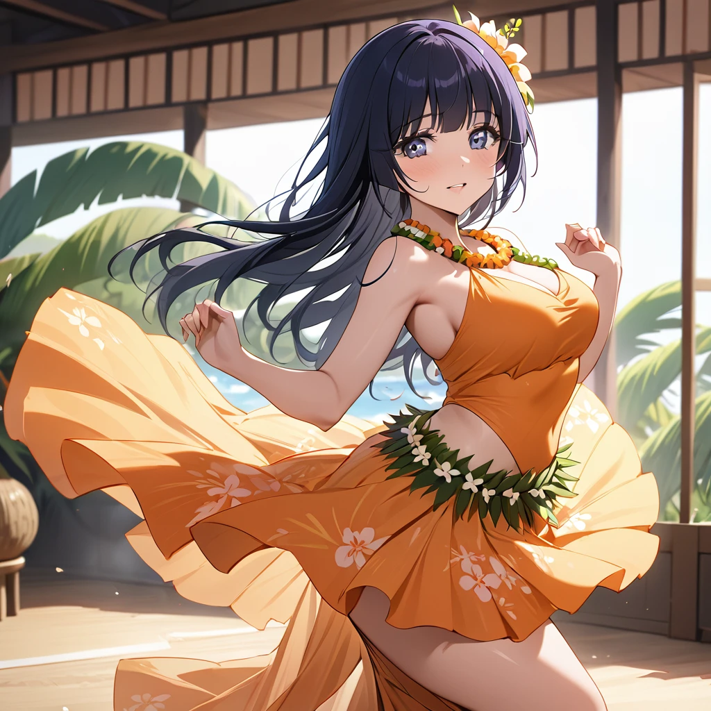 ((Highest quality)), ((masterpiece)), (detailed), （Perfect Face）、The woman is Reika Aoki, an American from Hawaii with semi-long hair.、A woman is dancing the hula dance passionately and attractively in a hula costume in Hawaii
