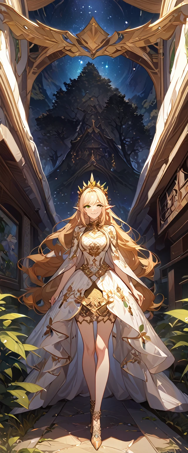 masterpiece, best quality, 8k ,4k , 1girl, elf queen, blond reddish hair, green eyes, big chest, gold wreath crown, hair ornament, finely detailed eyes and detailed face, looking at viewer, white sleeveless, Lace dress, patterned clothes, gold embroidery clothes, meticulous clothes, mature clothes, transparent cape with lace, majestic looks, smiling gently, small bird, full body, big tree background, inspired by Asukaziye artist : ask, art style : ask