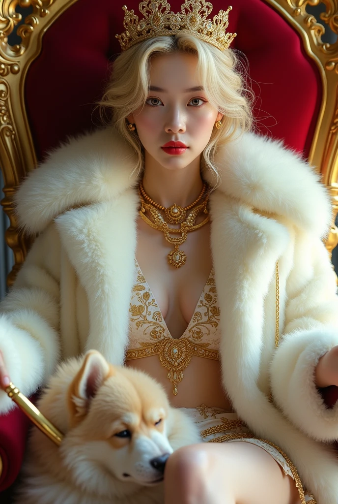 ((whole body)), ((from below)), Yushuxin,1 girl,alone, ((stand up, leaning on ledge)), ((lean forward)), ((The features are clear, clear face, clear face)), red lips, cosmetics, close-up, elegant pose, seductive pose, Perfect Curve, Slim, sexly, big breasts, split, beautiful legs, charming gaze, sexy young korean girl, korean, realistic, real,8k, clean, 18-year old girl with a blonde gorgeous hair, pale skin, her face is also very beautiful but and looks mature. sexy, She has a fit body. wearing huge white fur coat, big leopard fur hat, fur coat covering all the body, wearing big fluffy fur, sitting on golden throne on the fur mug, gold necklaces, alots of gold jewerly, white skin,princess cute, bite lip, messy long hair, Simple and casual scene, Very detailed, Ultra-clear, best quality, official art, exquisite earrings, exquisite necklace, Very detailed description, Super beautiful painting, Sophisticated functionality, elegant, beautiful, Super fine details, masterpiece, Authentic texture, Realistic movie lighting, masterpiece, best quality,wearing huge white fur coat, many jewelry, alots of gold jewelry, every finger has golden rings, her sexy leg , she wearing fur slippers, holding a feather stick, fluffy feather stick, wearing huge crown, she has huge titties, she don't wear anything except fur coat, her fur coat is too huge that it covers all the throne, petting dog