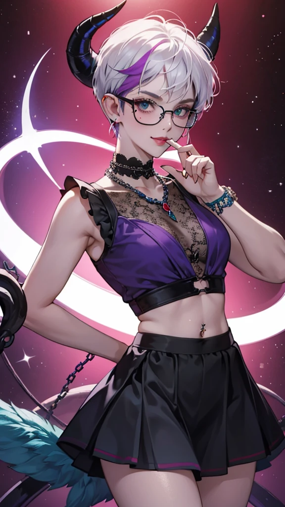 8k, masterpiece, best quality, highly detailed, 1 girl, tiefling, warlock, pixie cut, multicolored hair, very short straight hair red highlight hair on white hair, strippled hair, wearing glasses, round glasses, earrings, navel piercing, red eyeshadow, long eyelashes, blushed cheek, red lips, pearl necklace, rings, collarbone, mole on face, glamorous, teal and purple clothes, sleeveless, miniskirt, smirk, close up view, rings, looking at viewer, demon horns, solo, starry sky, pale blue moon, standing, boxing stance, demonic arms, chains on the background, black lace gloves, hand touching glasses.